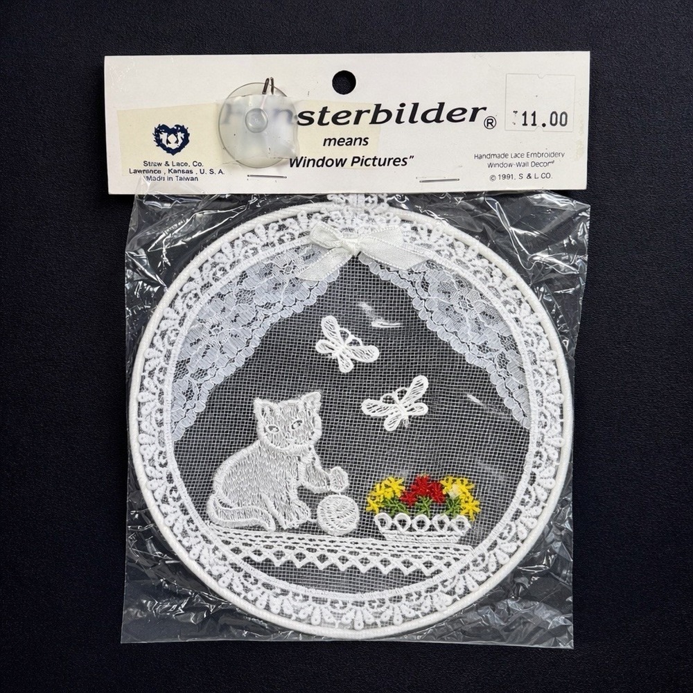 Vintage Fensterbilder Window Wall Picture‎ Lace Cat Floral Butterflies 6" NIP